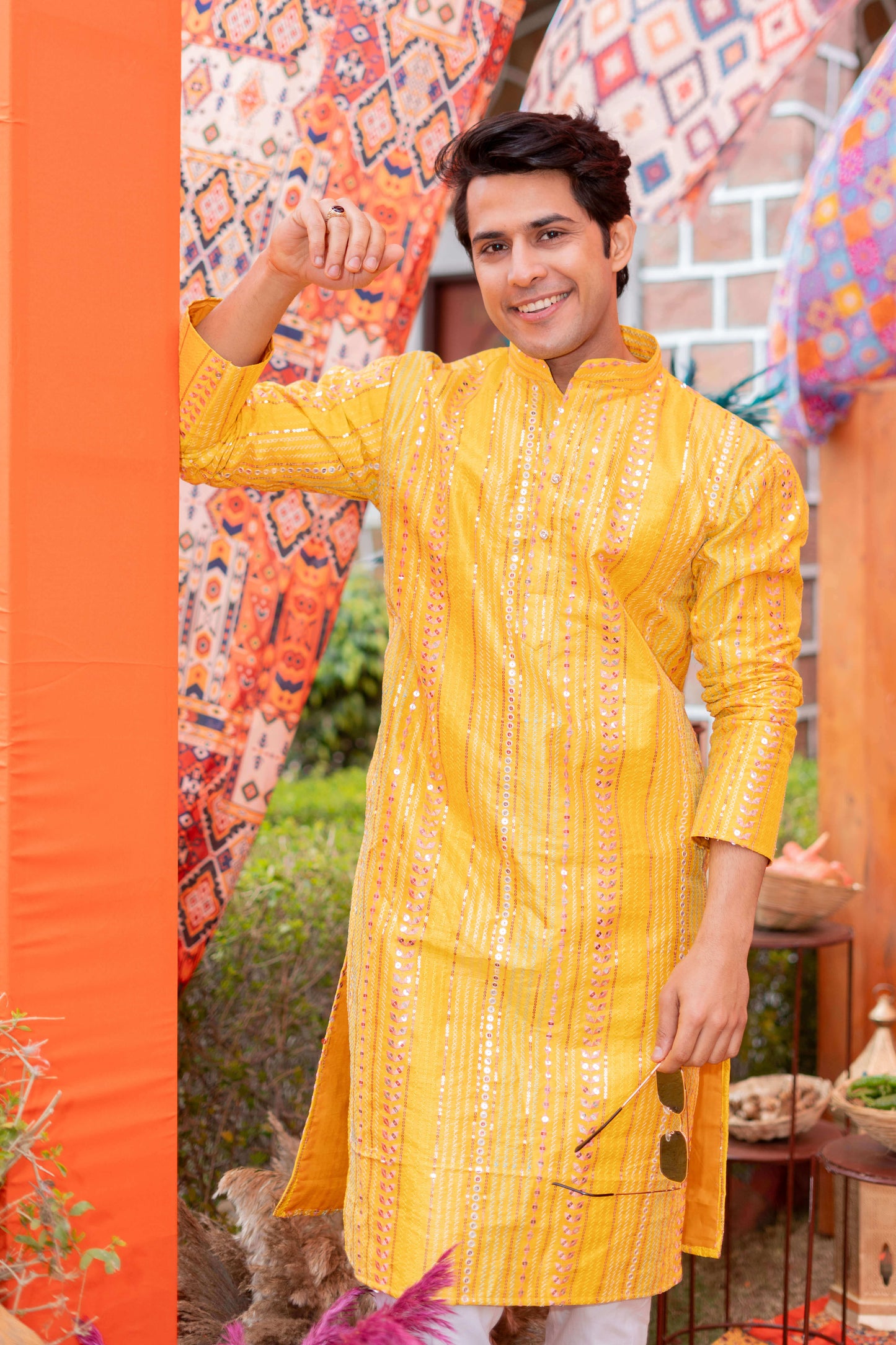 The Dazzling Yellow Long Kurta With Mirror Work And Embroidery