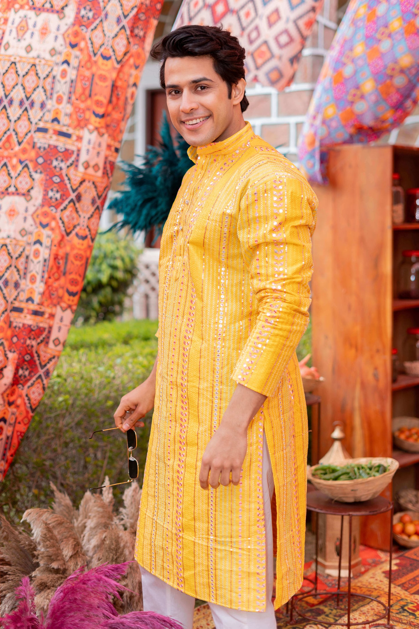 The Dazzling Yellow Long Kurta With Mirror Work And Embroidery