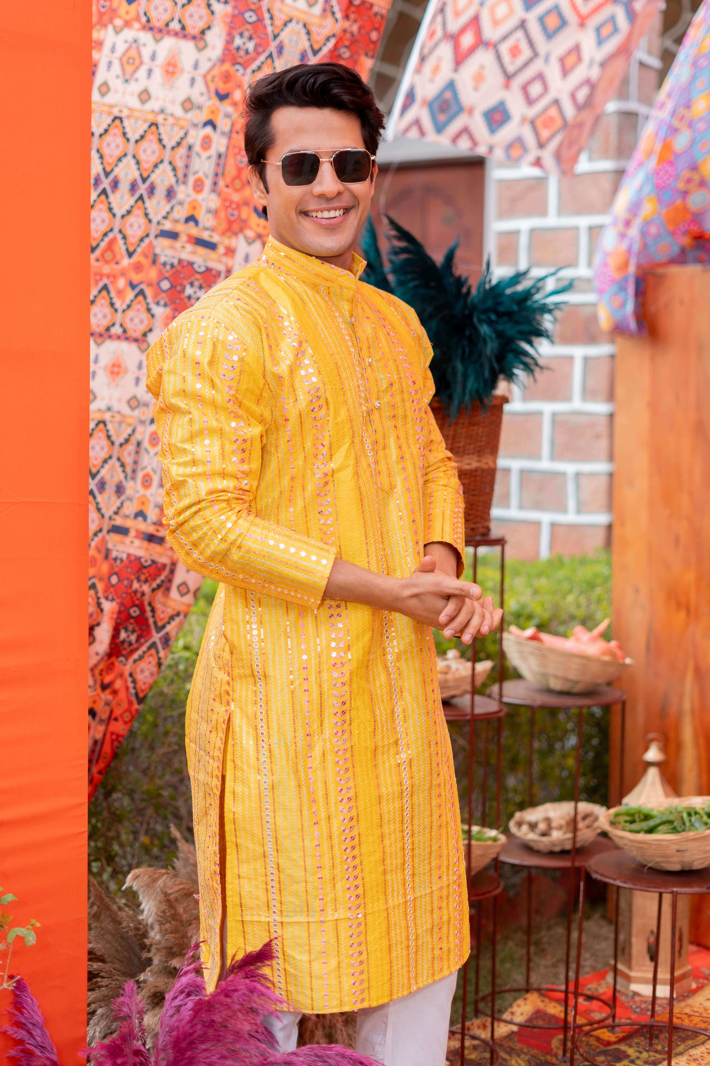 The Dazzling Yellow Long Kurta With Mirror Work And Embroidery
