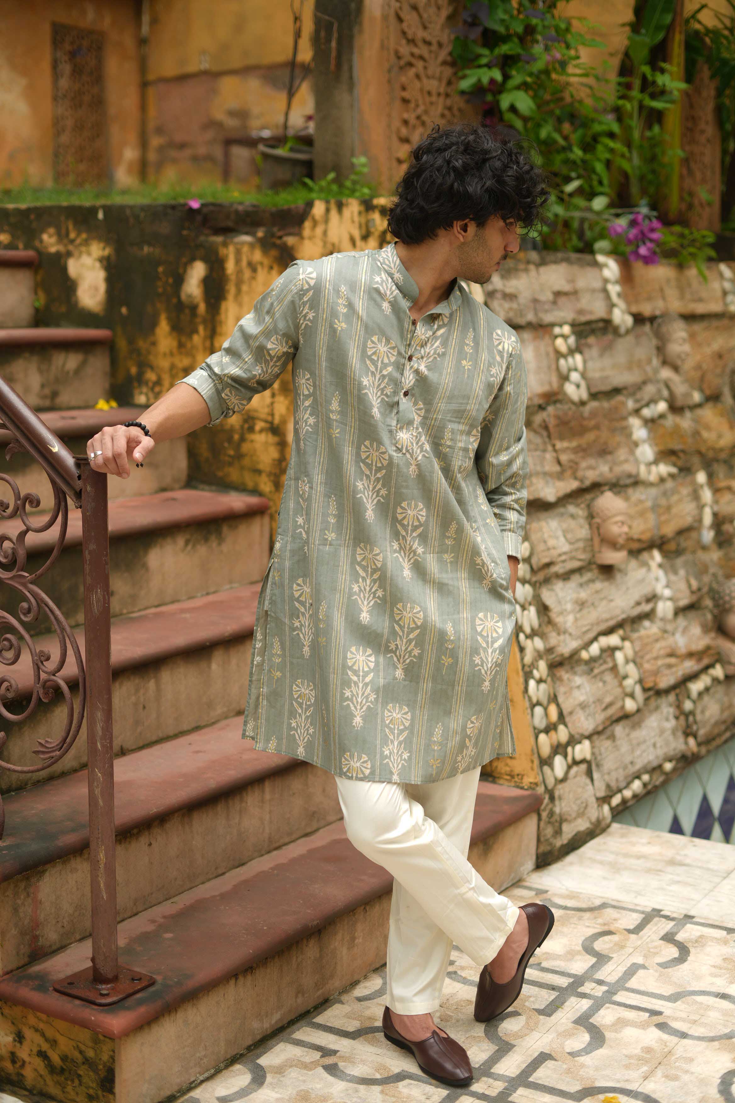 The Muted Grey Golden Print Long Kurta
