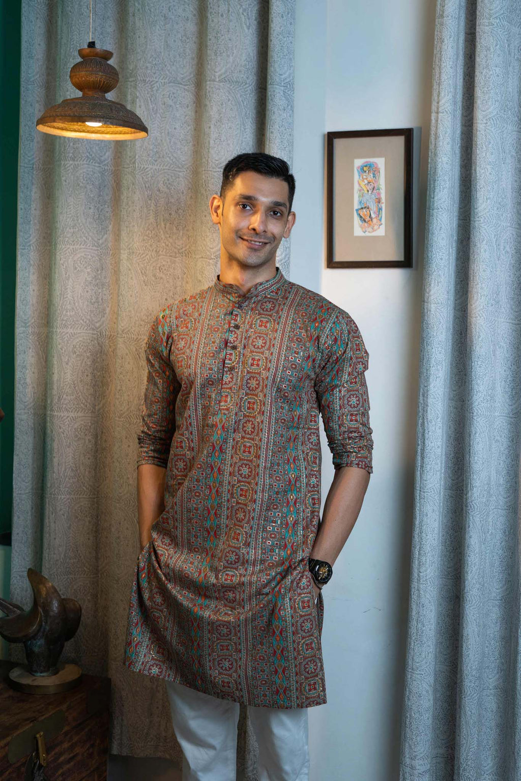 The Muslin Multicolor Foil Print Long Kurta
