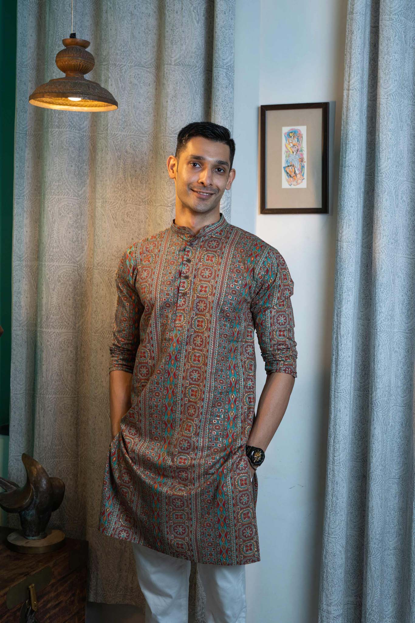 The Muslin Multicolor Foil Print Long Kurta