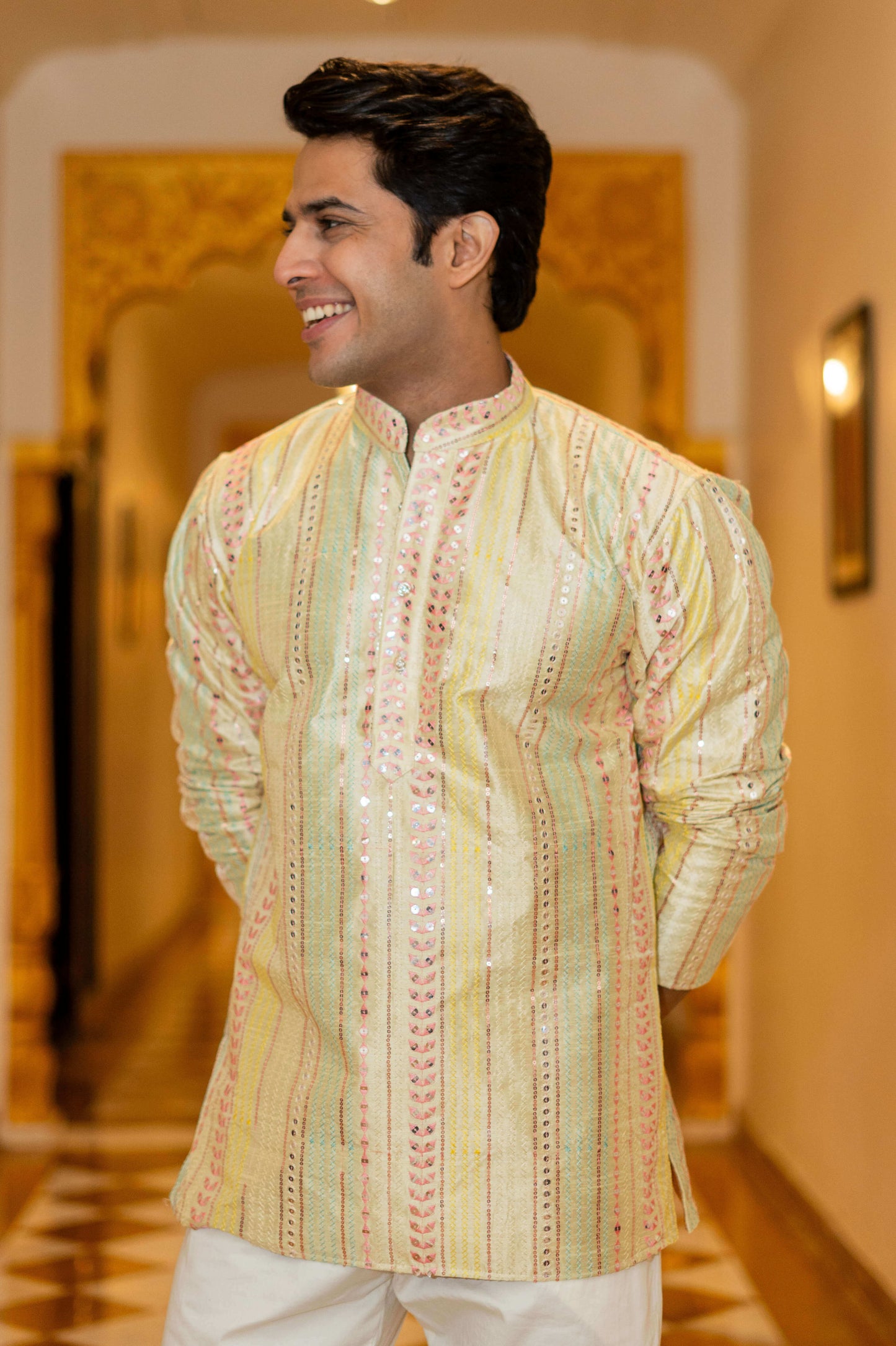 The Rainbow Stripes Short Kurta With Embroidery And Sequins Work
