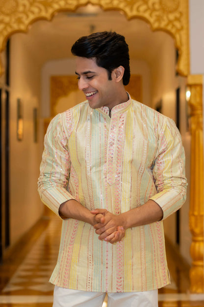 The Rainbow Stripes Short Kurta With Embroidery And Sequins Work