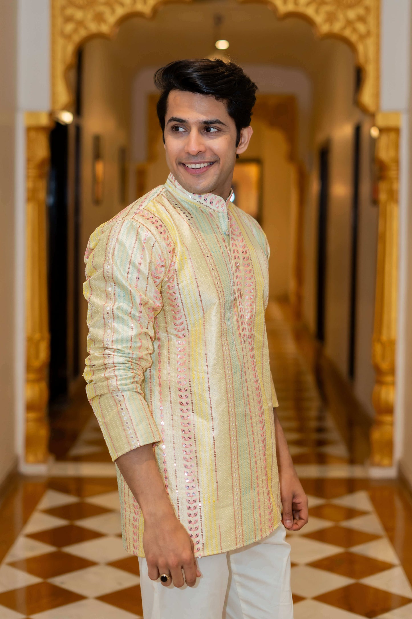 The Rainbow Stripes Short Kurta With Embroidery And Sequins Work