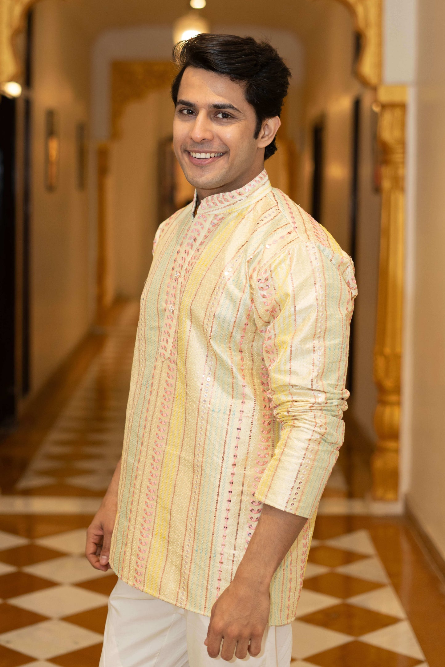 The Rainbow Stripes Short Kurta With Embroidery And Sequins Work