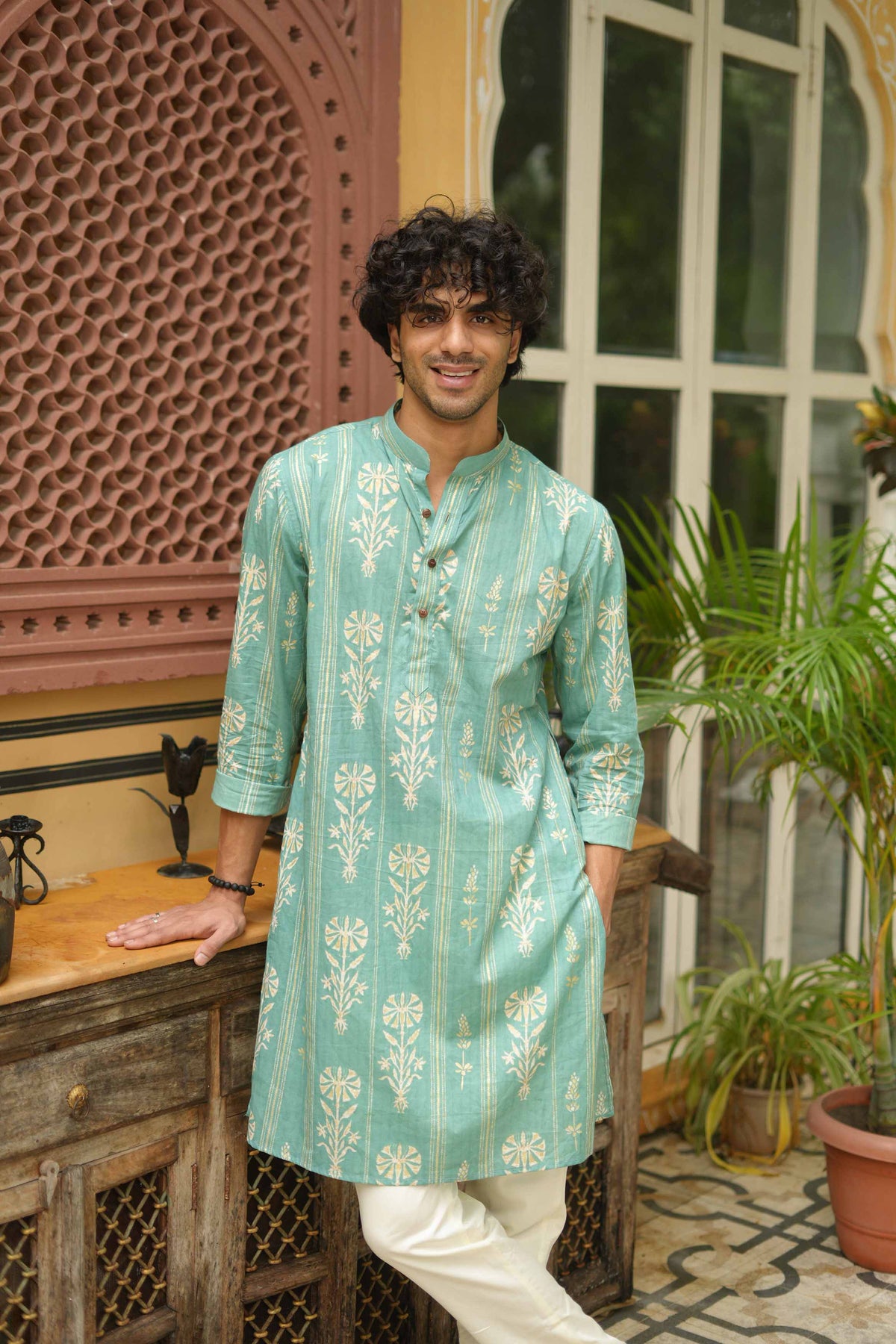 Golden Leaf Striped Teal Long Kurta