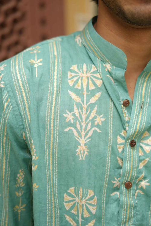 Golden Leaf Striped Teal Long Kurta