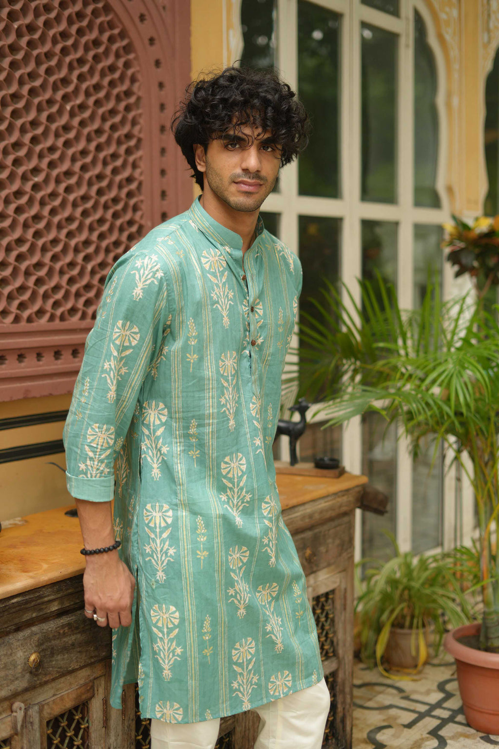 Golden Leaf Striped Teal Long Kurta
