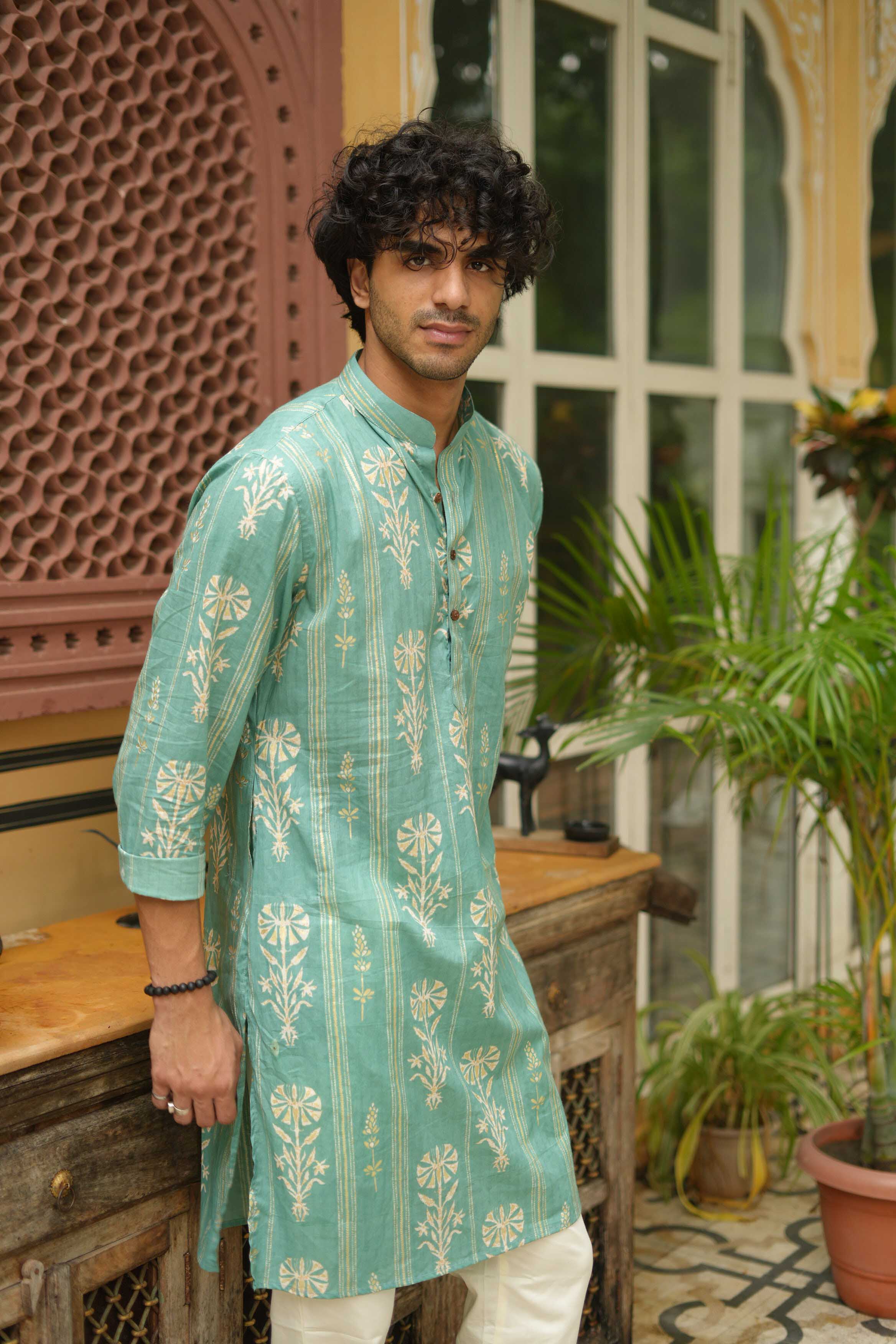 Golden Leaf Striped Teal Long Kurta
