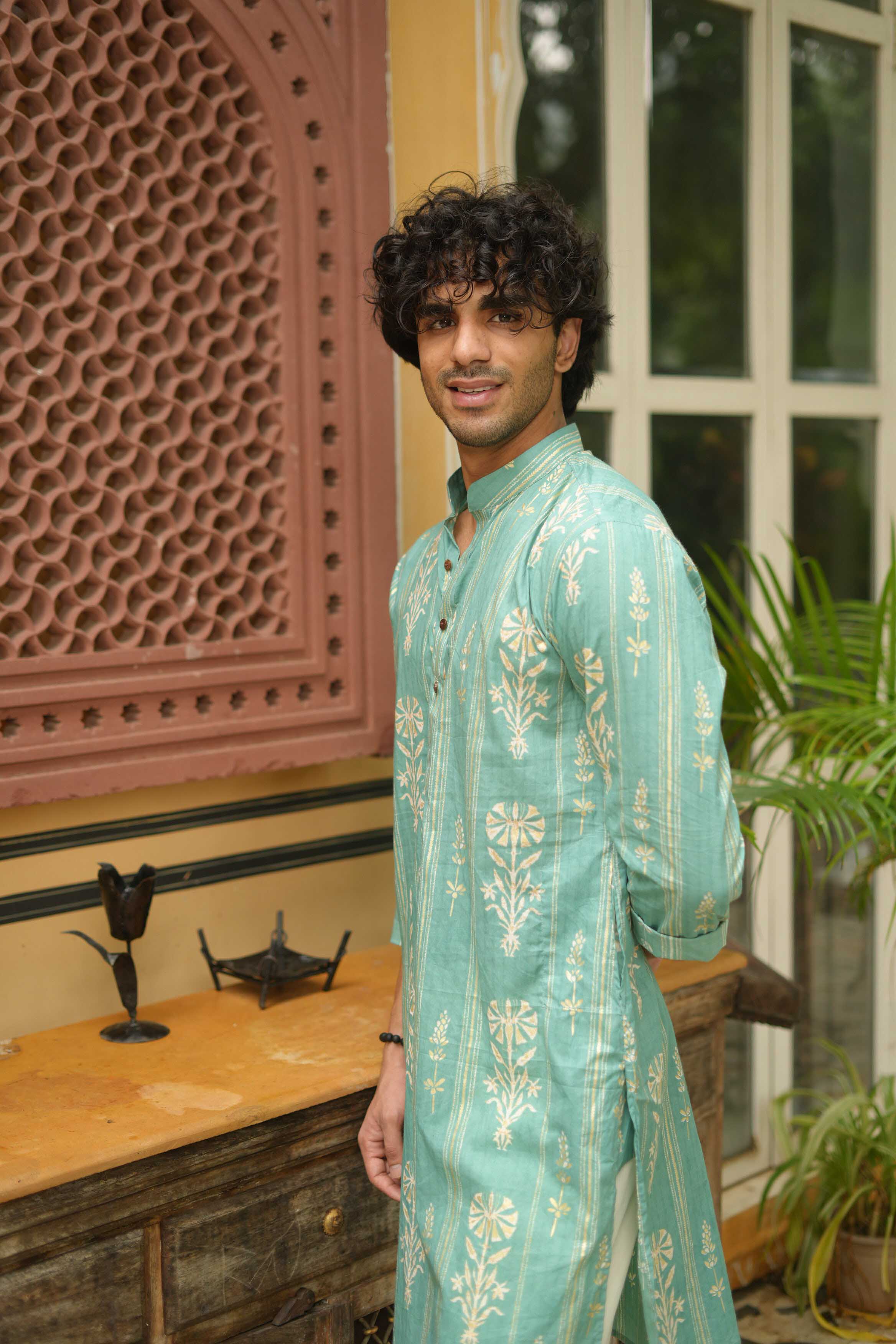 Golden Leaf Striped Teal Long Kurta