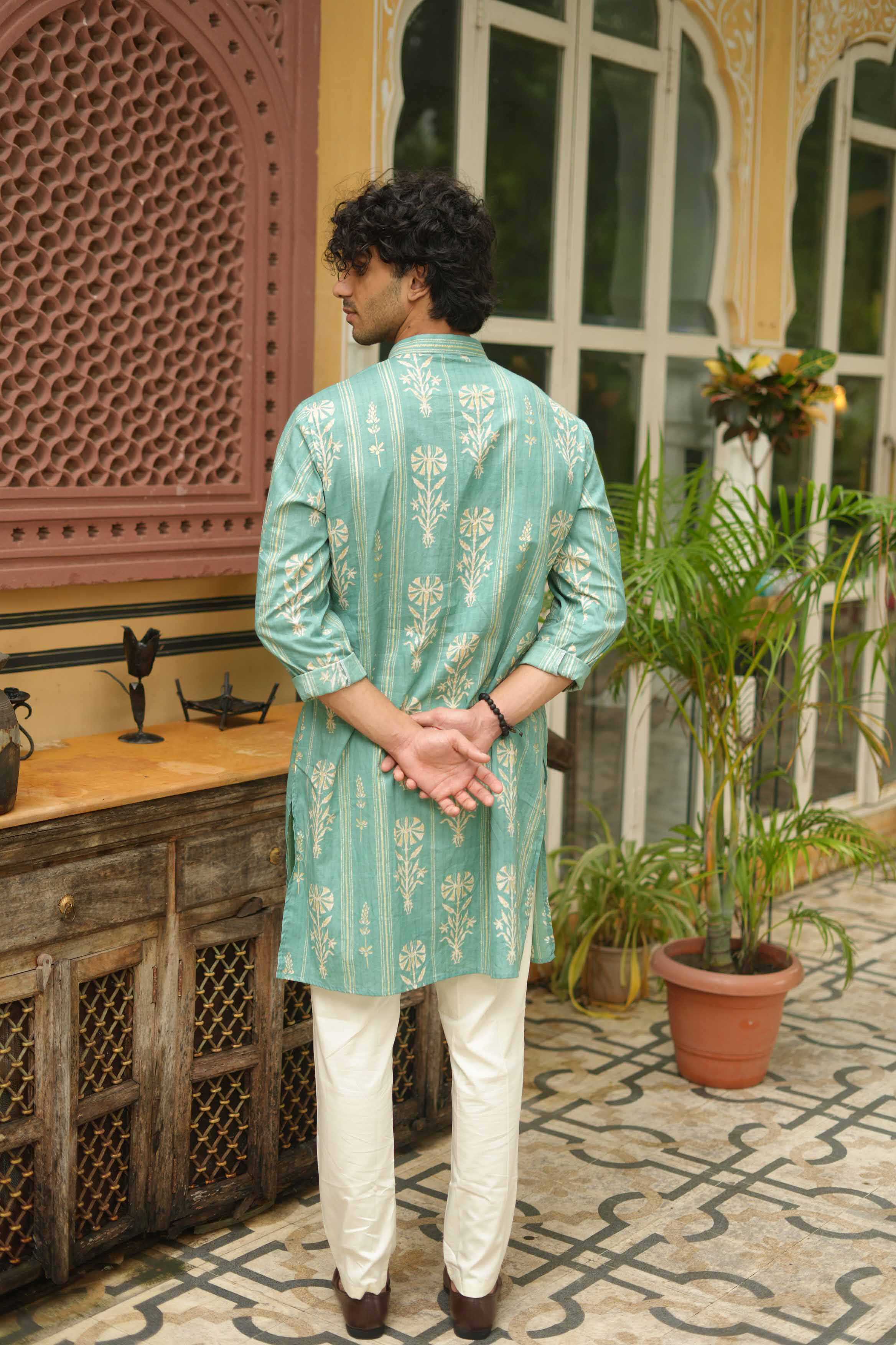Golden Leaf Striped Teal Long Kurta