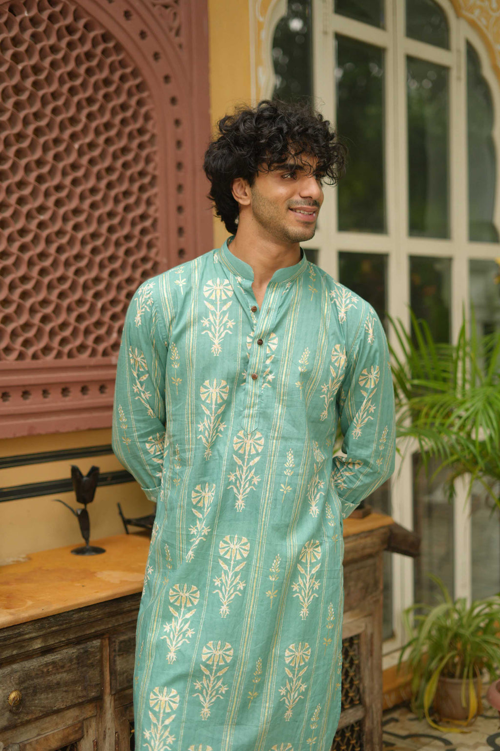 Golden Leaf Striped Teal Long Kurta