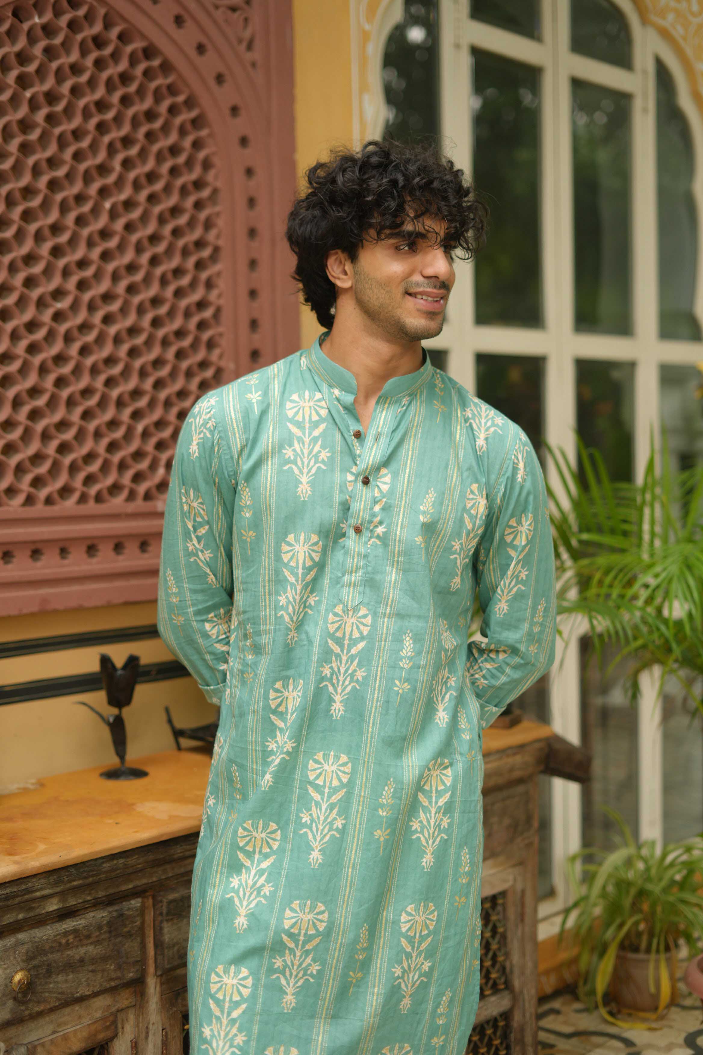 Golden Leaf Striped Teal Long Kurta