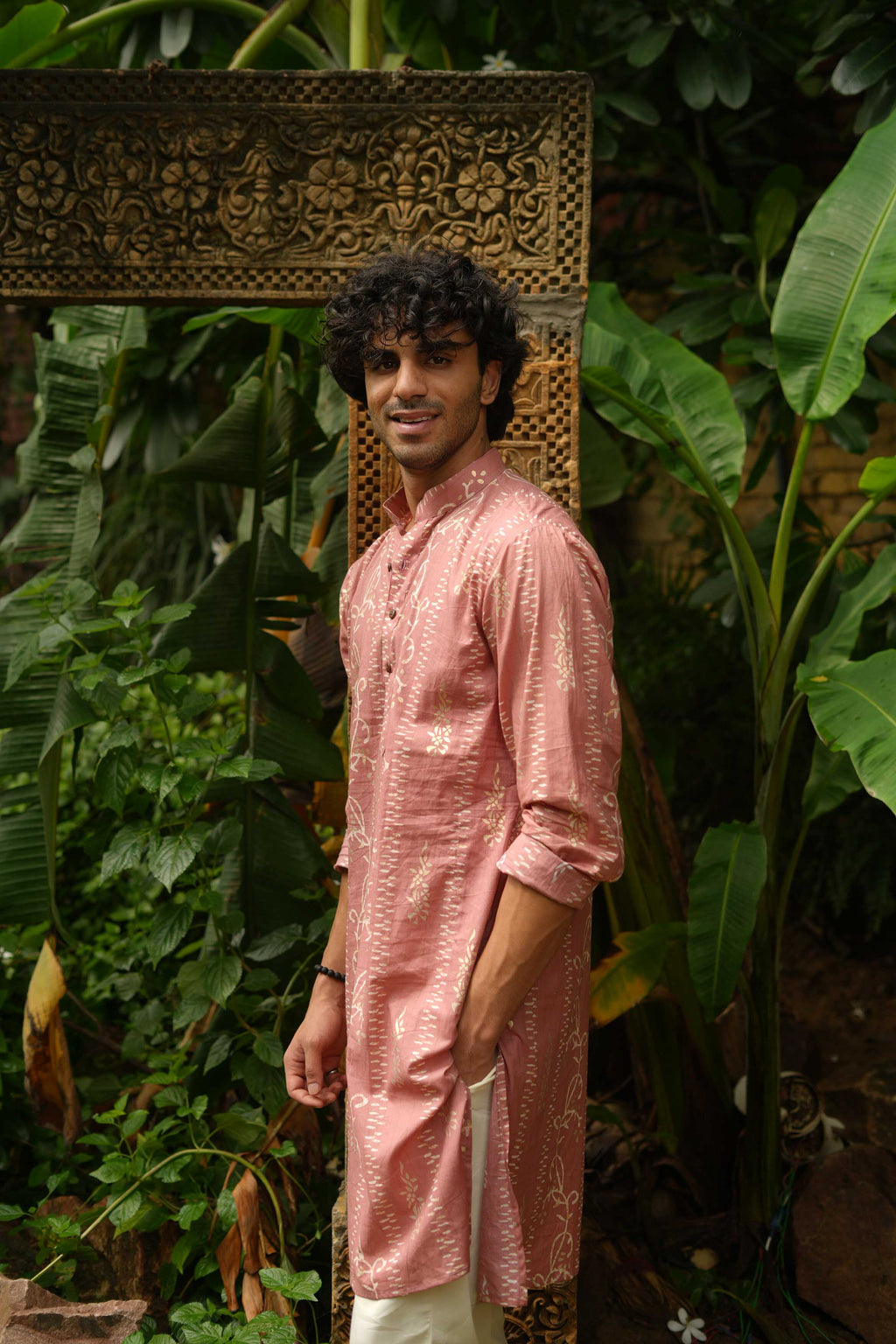 The Peach Foil Floral Stripe Long Kurta
