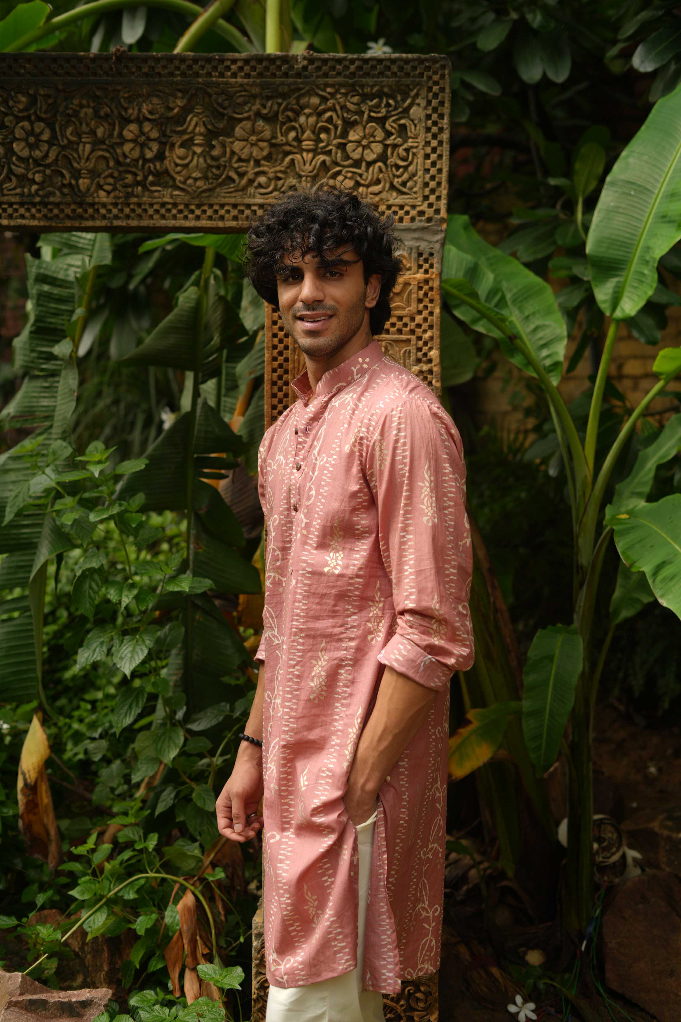 The Peach Foil Floral Stripe Long Kurta