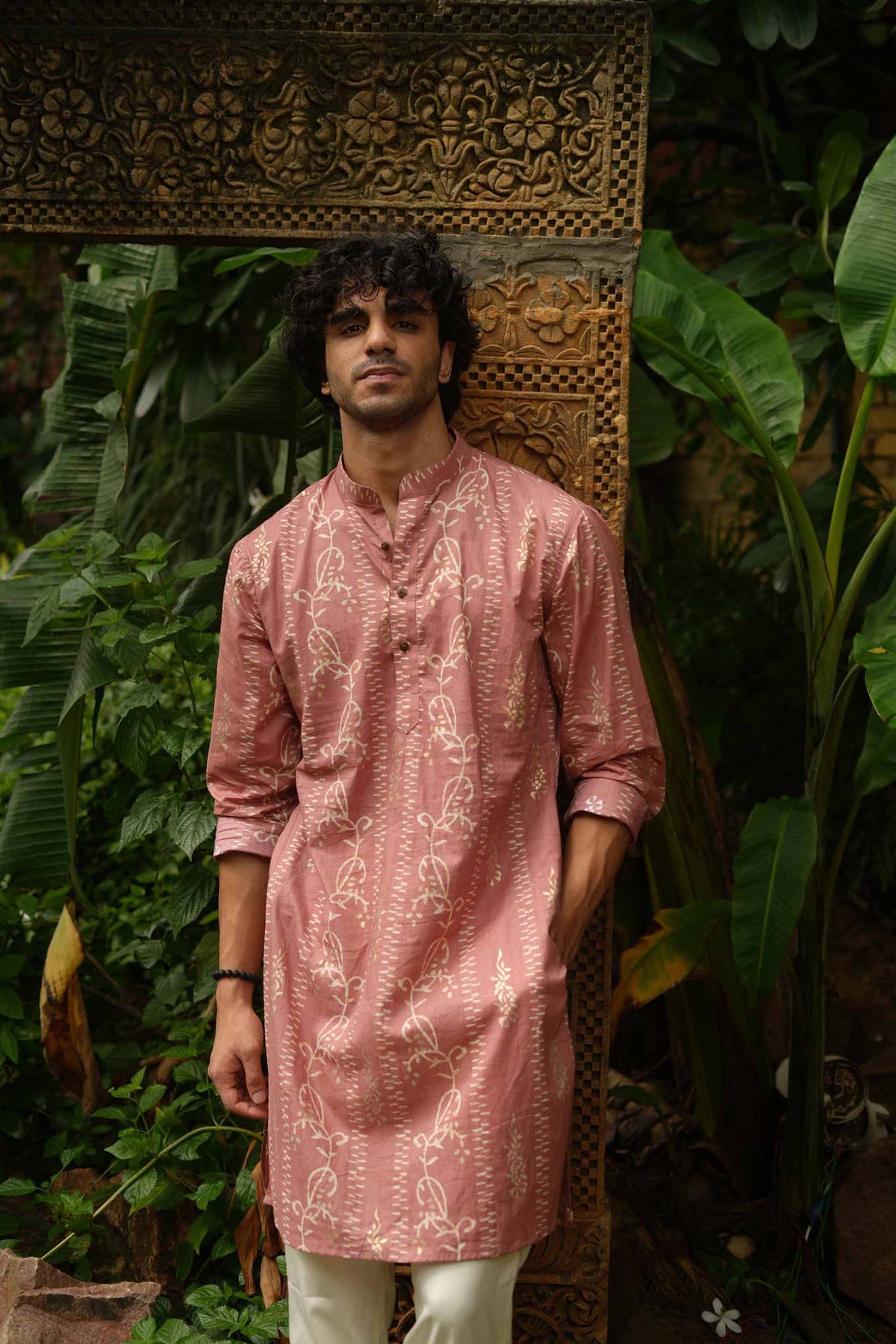 The Peach Foil Floral Stripe Long Kurta