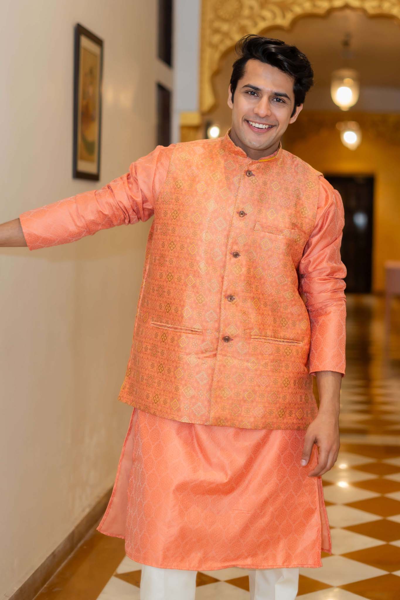 The Orange Long Kurta with Spanish Orange Banarasi Print Nehru