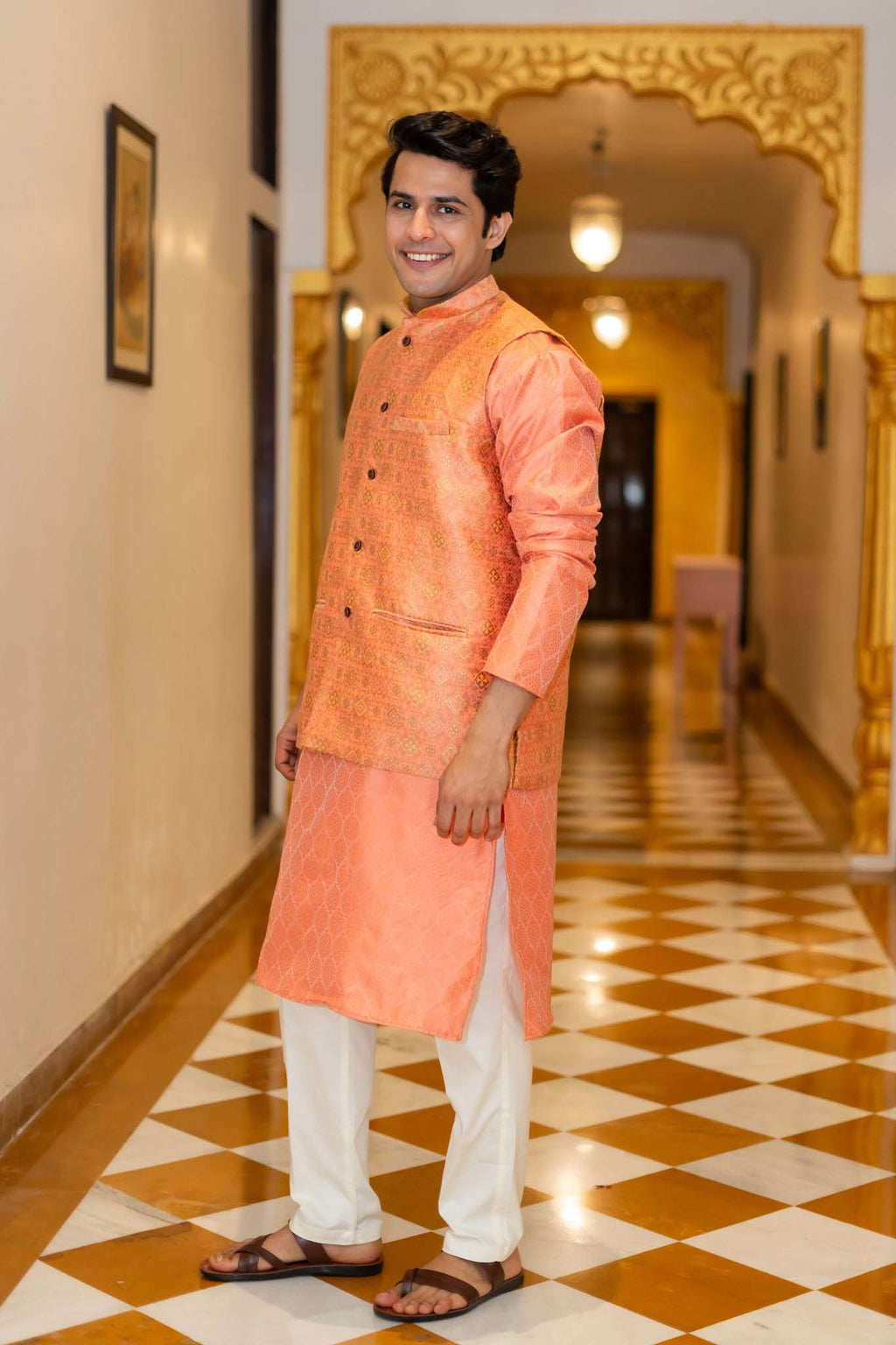 The Orange Long Kurta with Spanish Orange Banarasi Print Nehru Jacket