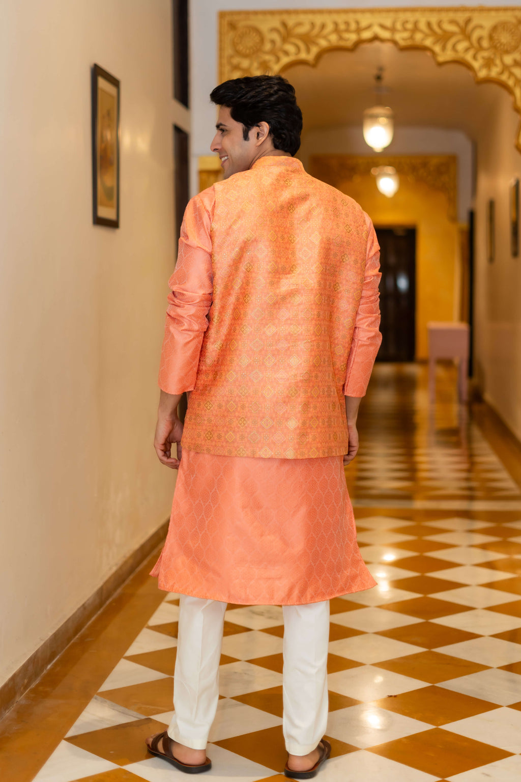 The Orange Long Kurta with Spanish Orange Banarasi Print Nehru Jacket