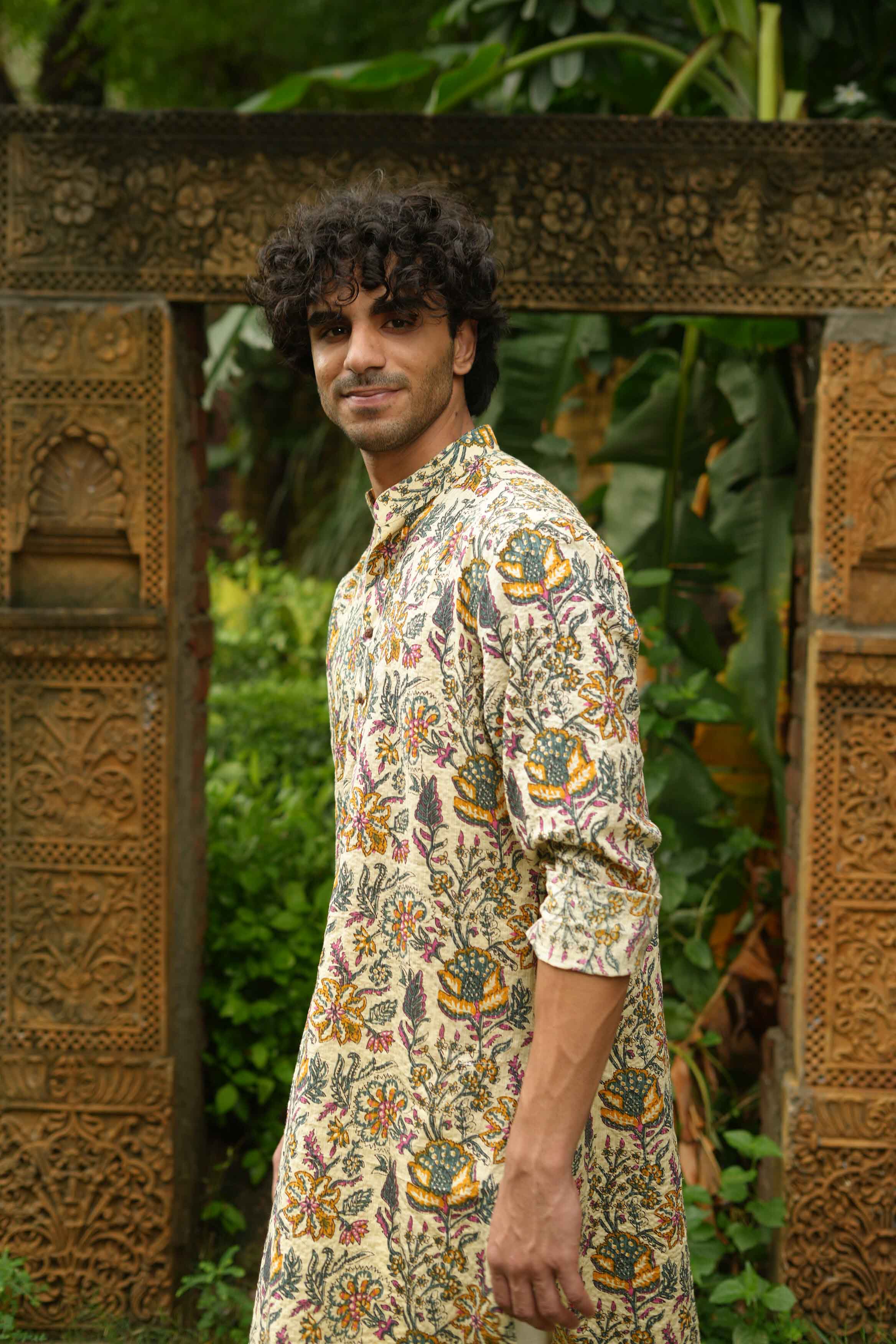 The Beige Artistic Floral Print Long Kurta