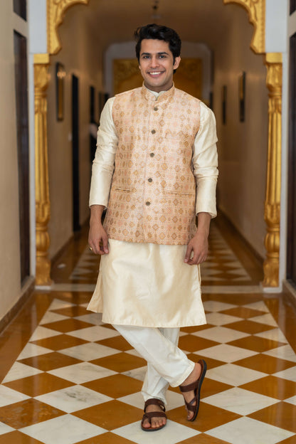 The Off-White Long Kurta With Beige Banarasi Print Nehru Jacket