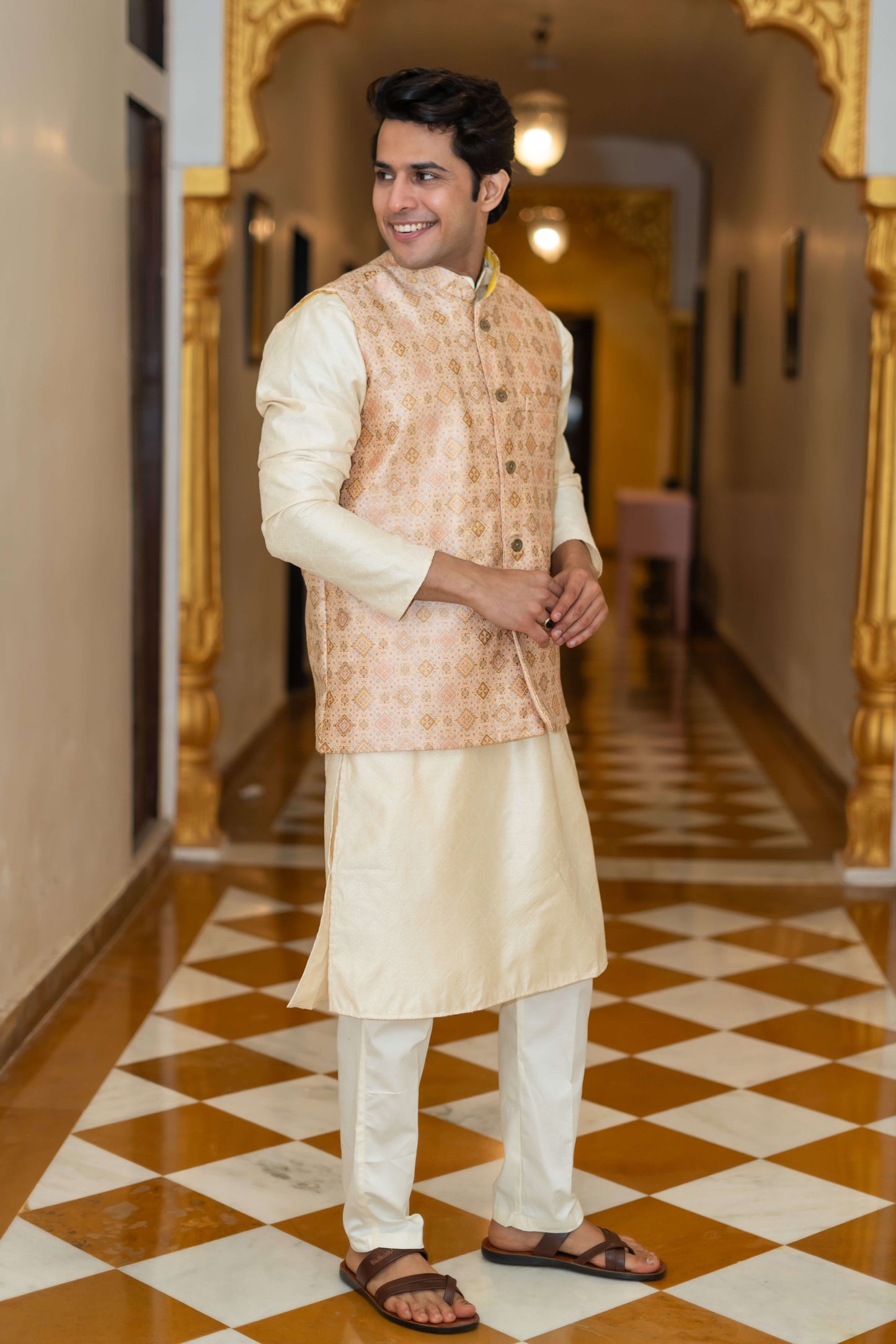 The Off-White Long Kurta With Beige Banarasi Print Nehru Jacket