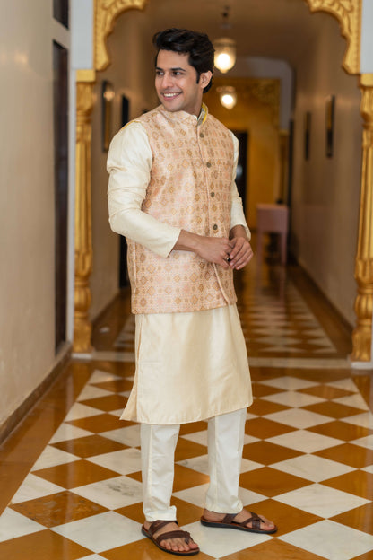 The Off-White Long Kurta With Beige Banarasi Print Nehru Jacket