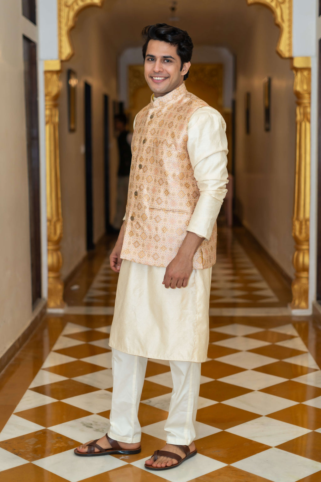 The Off-White Long Kurta With Beige Banarasi Print Nehru Jacket