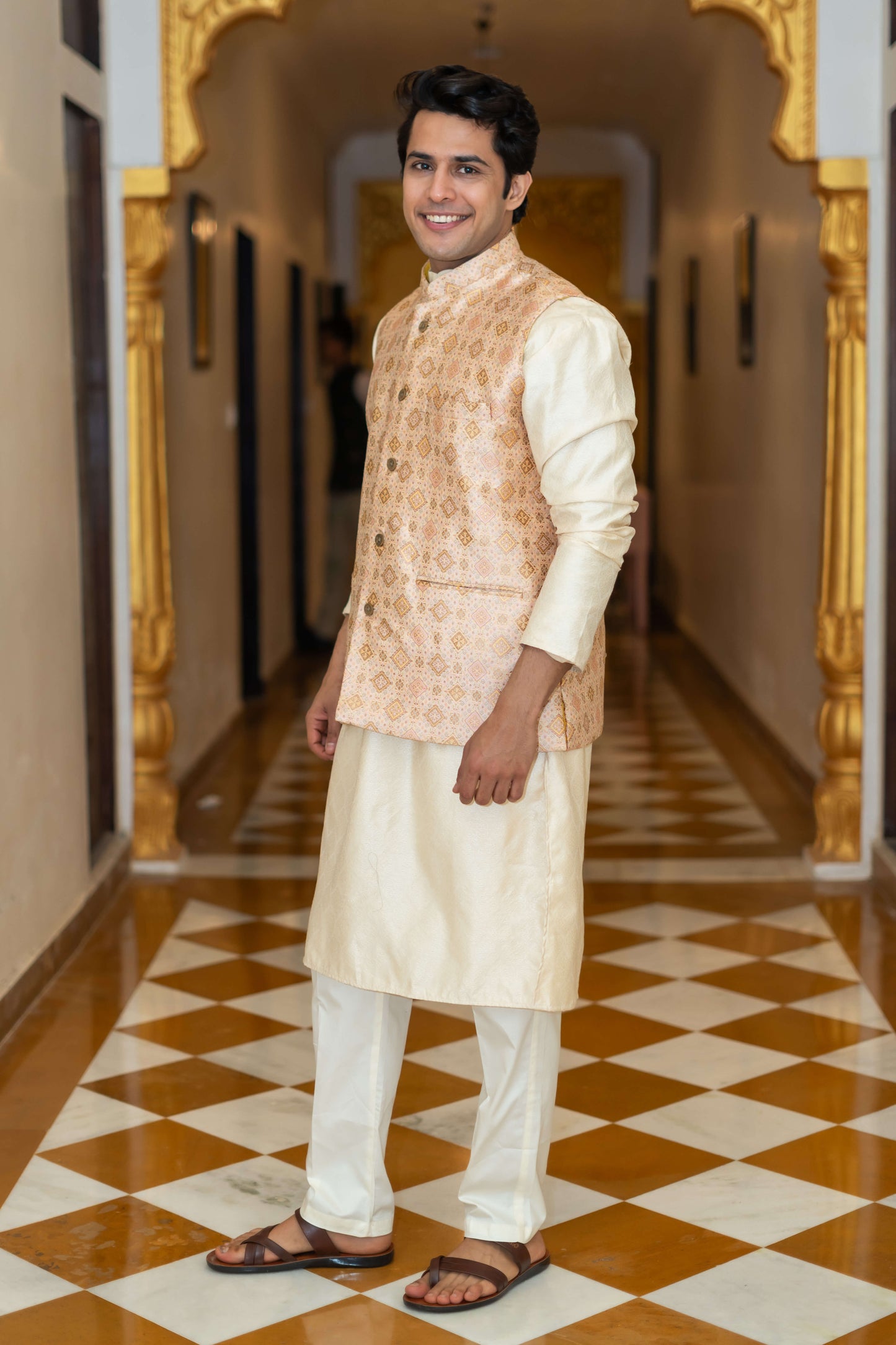 The Off-White Long Kurta With Beige Banarasi Print Nehru Jacket