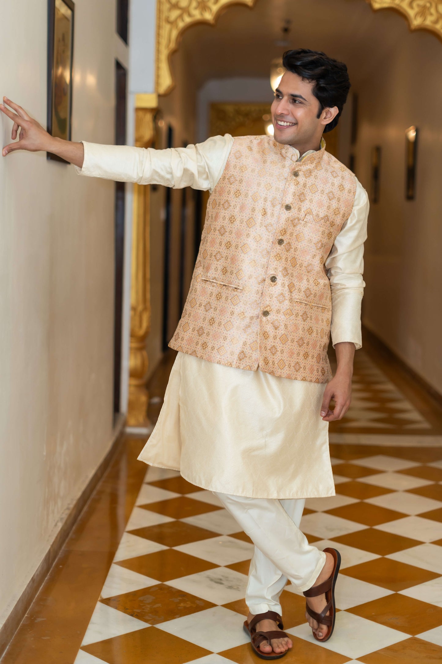 The Off-White Long Kurta With Beige Banarasi Print Nehru Jacket