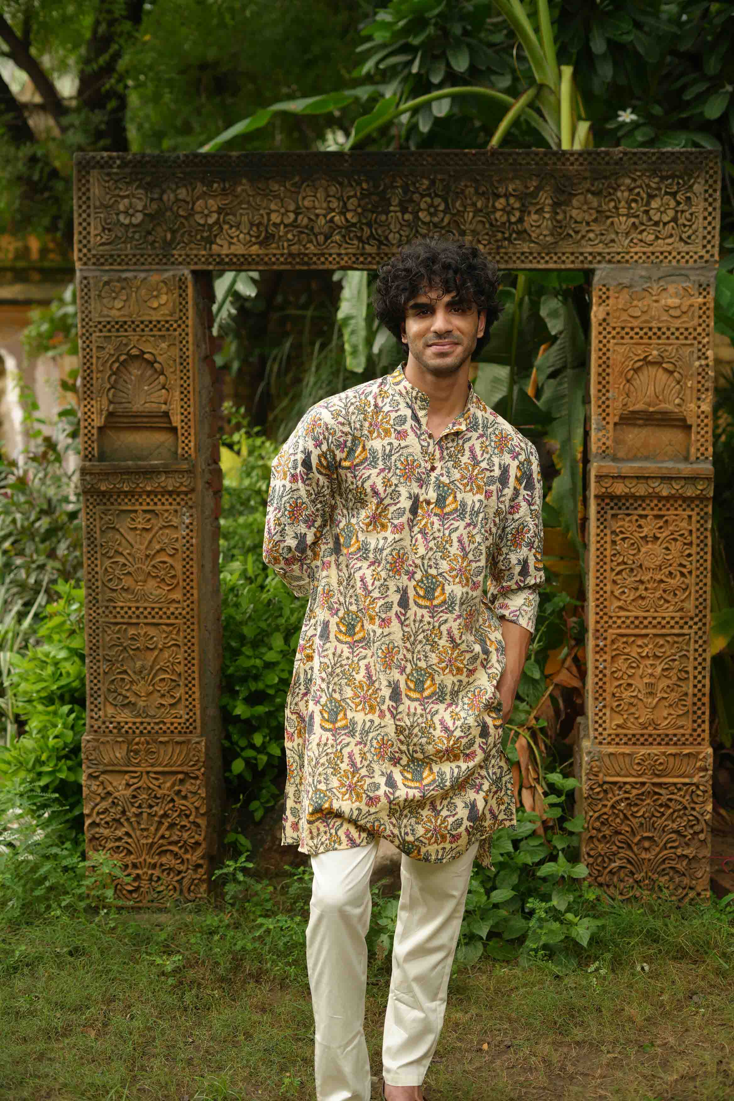 The Beige Artistic Floral Print Long Kurta