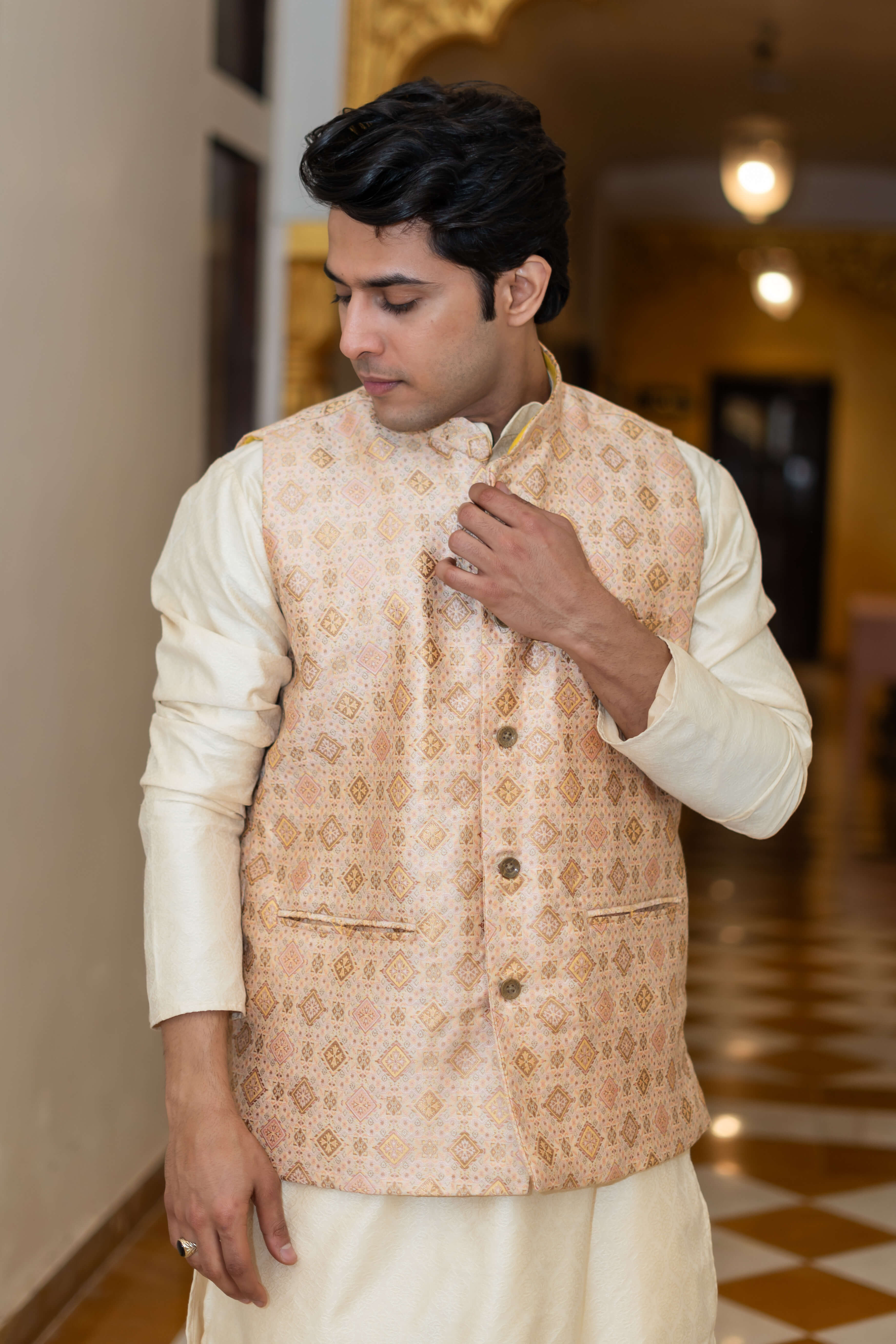 Off White Kurta with Nehru Jacket for Men – Wedding Outfit Shasak