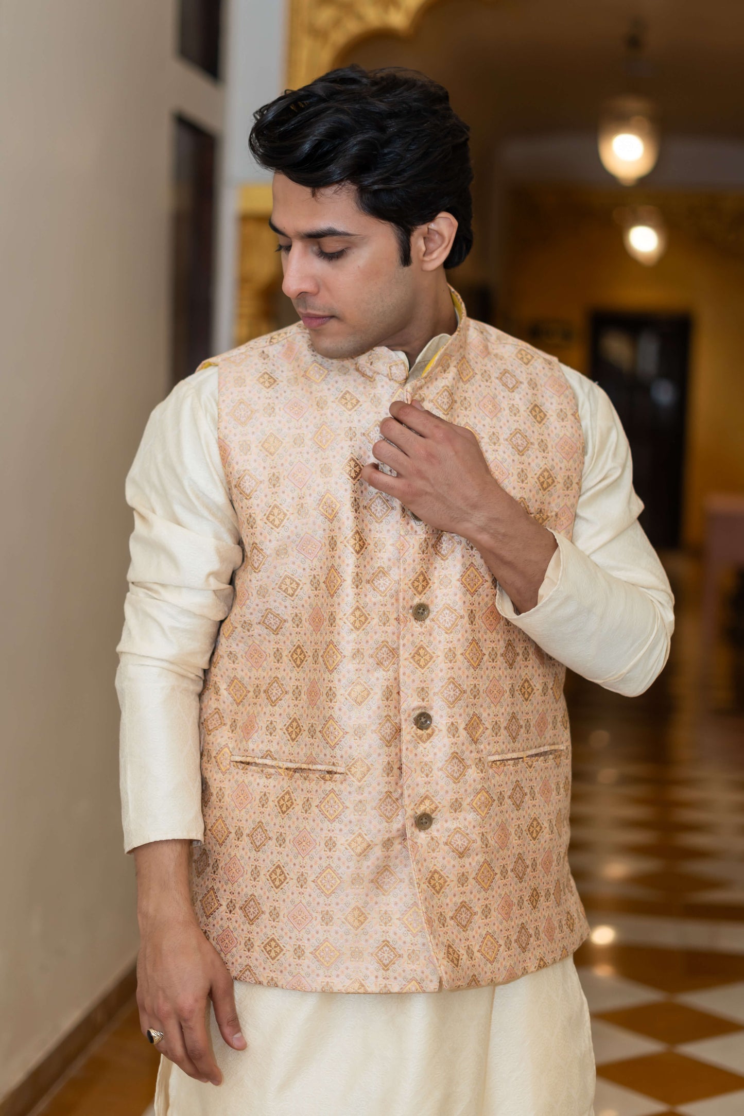 The Off-White Long Kurta With Beige Banarasi Print Nehru Jacket