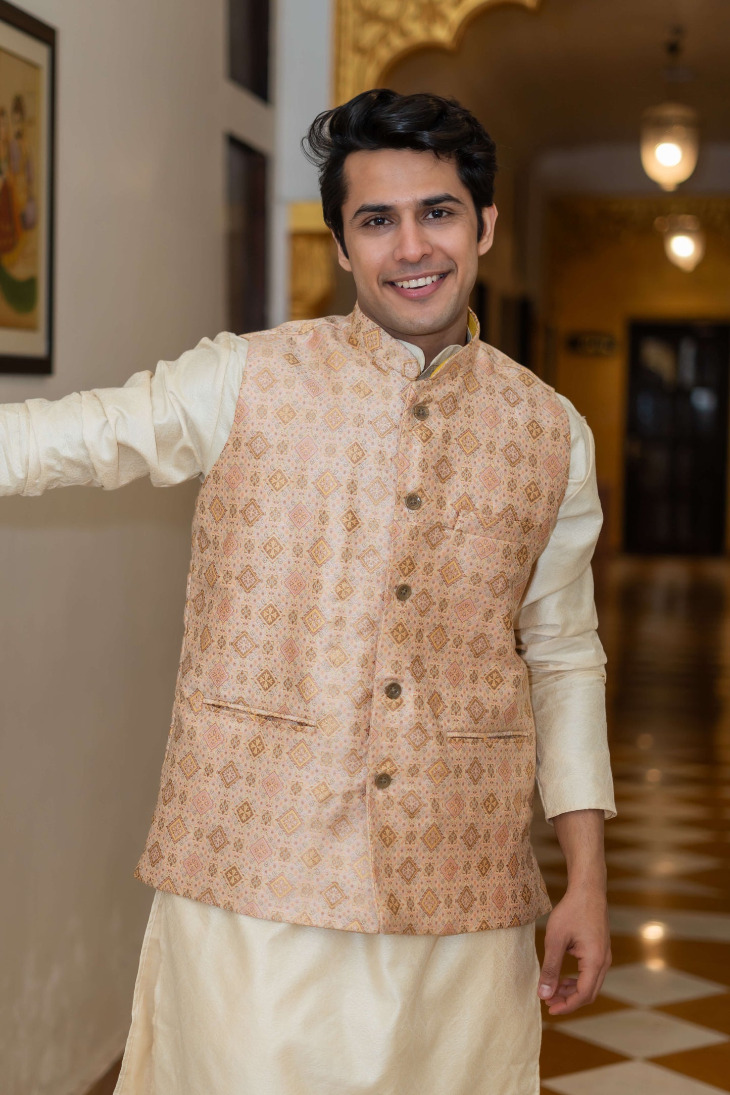 The Off-White Long Kurta With Beige Banarasi Print Nehru Jacket