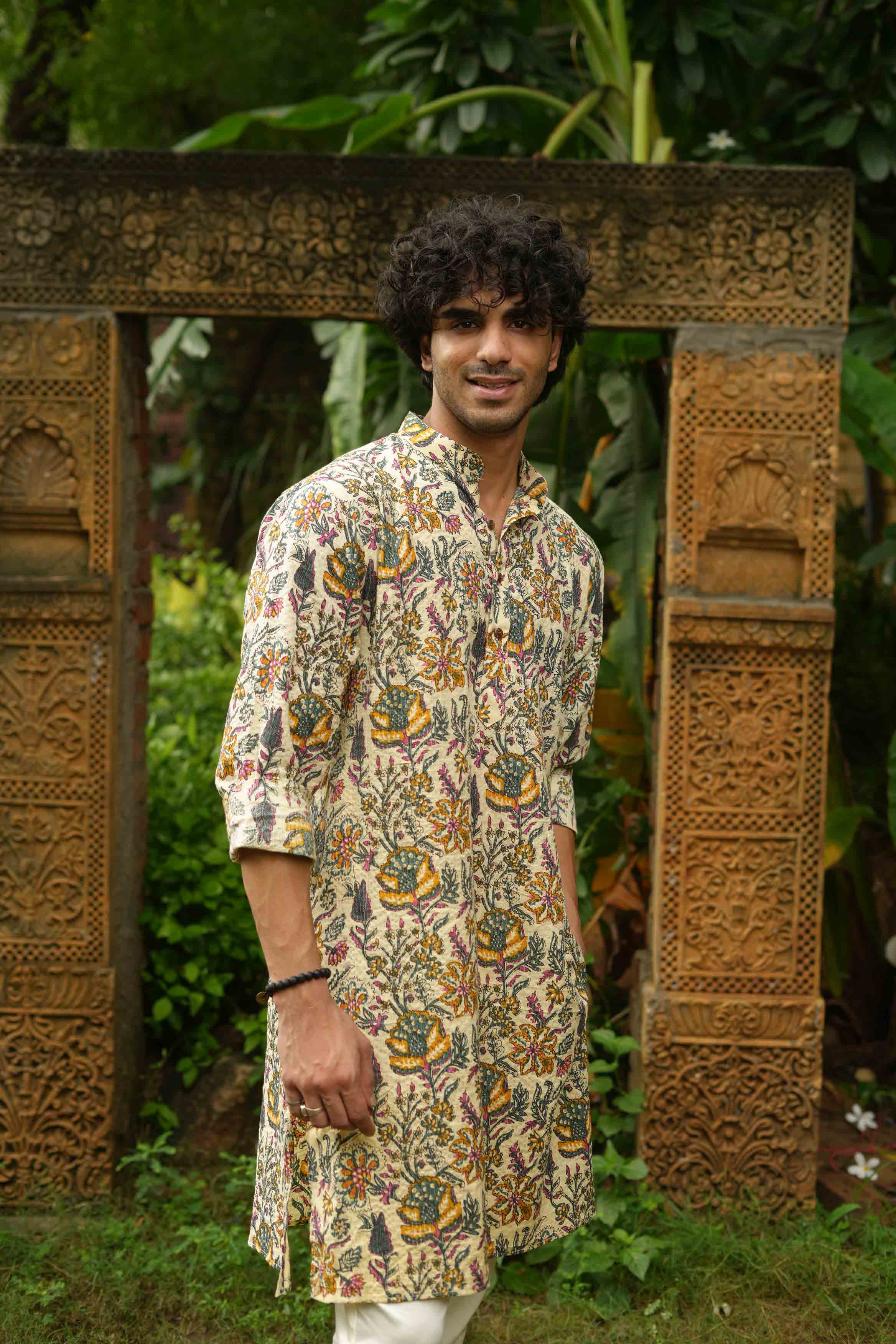 The Beige Artistic Floral Print Long Kurta