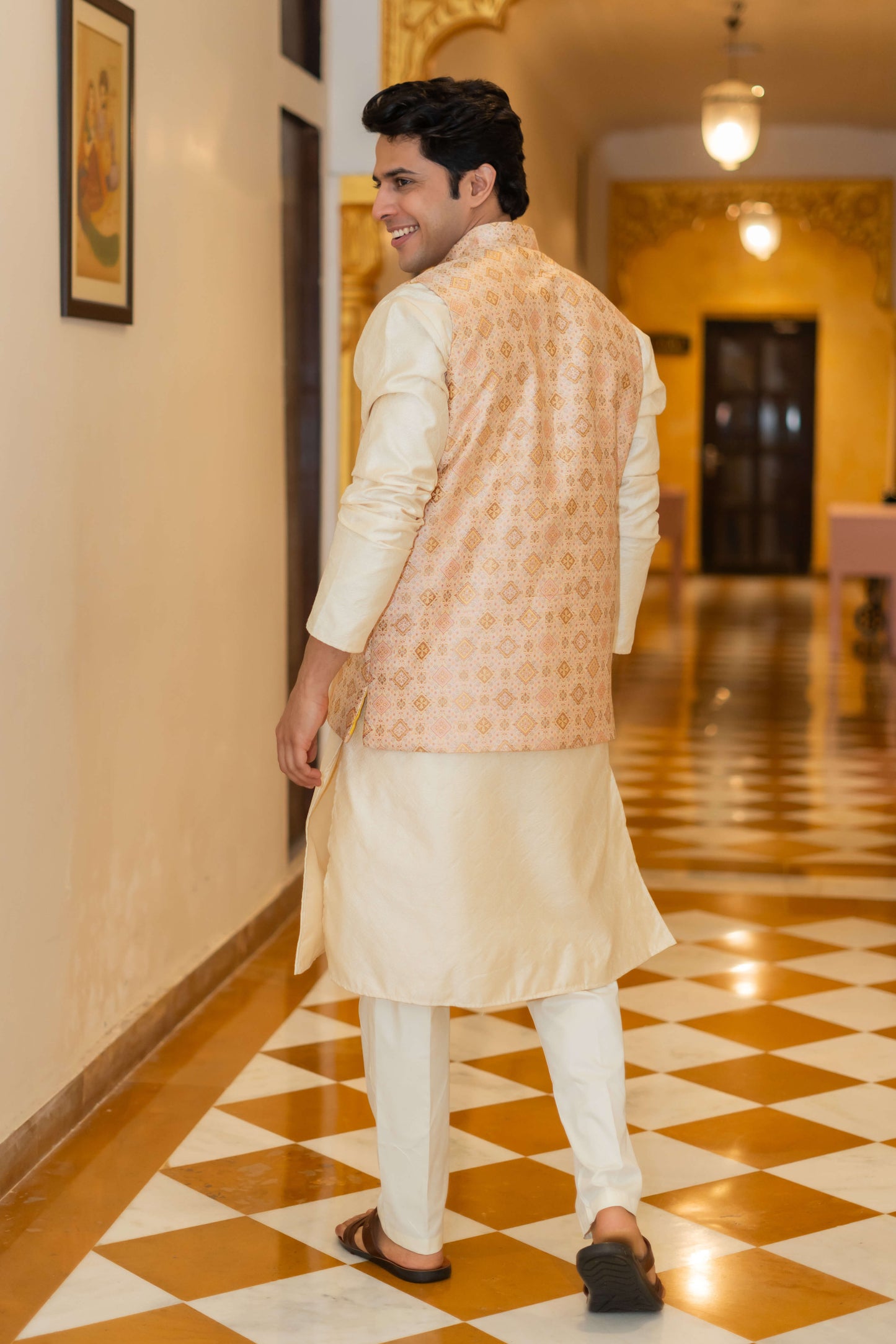 The Off-White Long Kurta With Beige Banarasi Print Nehru Jacket