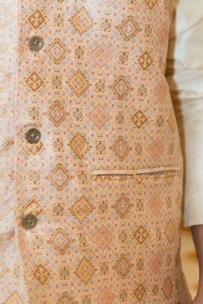 The Off-White Long Kurta With Beige Banarasi Print Nehru Jacket