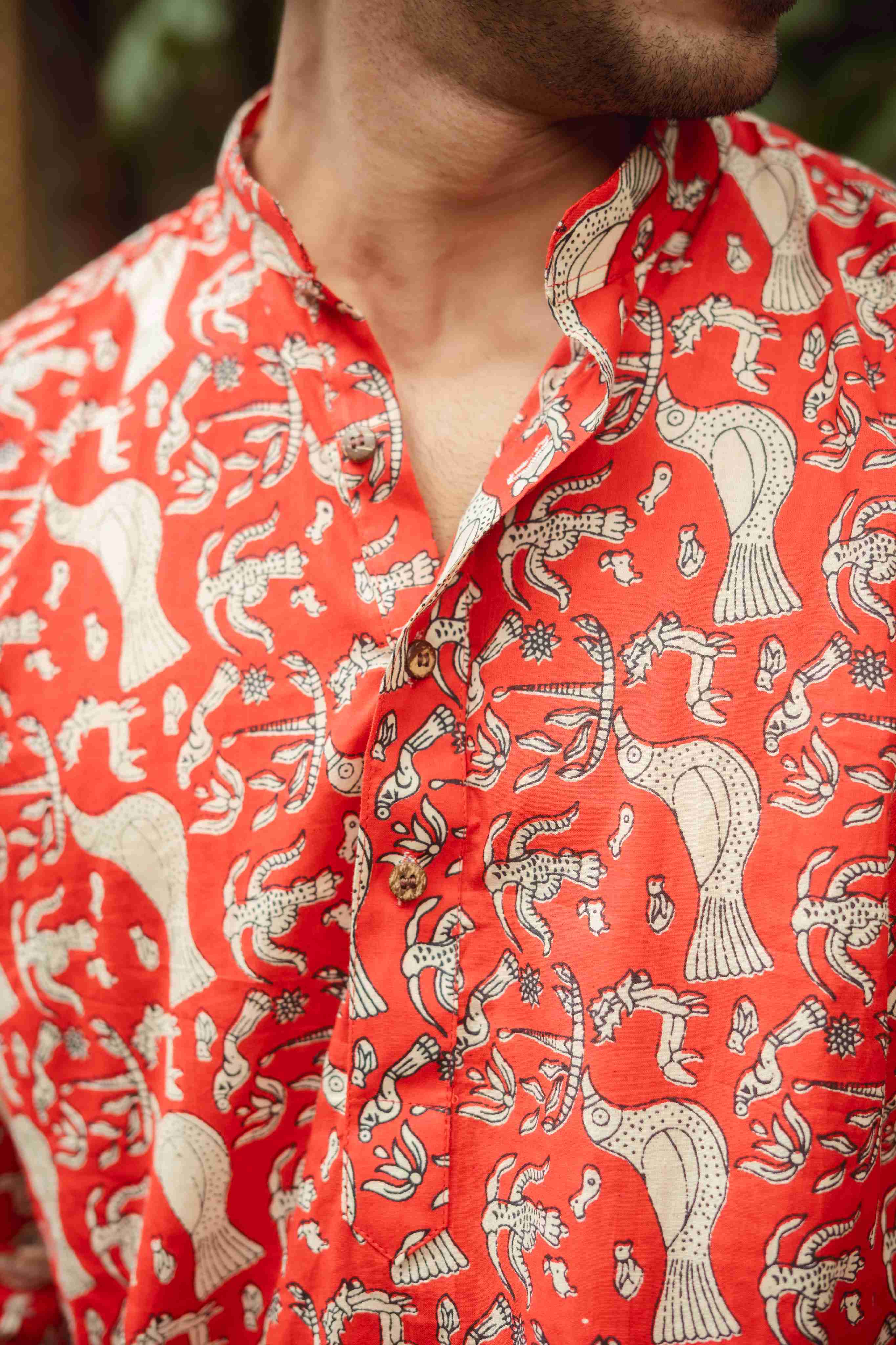 The Red Folk Art Print Long Kurta