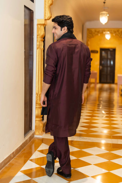 The Wine Long Kurta with Classical Embroidery and Sequins Work And Dupatta and Pajama