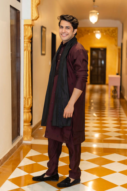 The Wine Long Kurta with Classical Embroidery and Sequins Work And Dupatta and Pajama