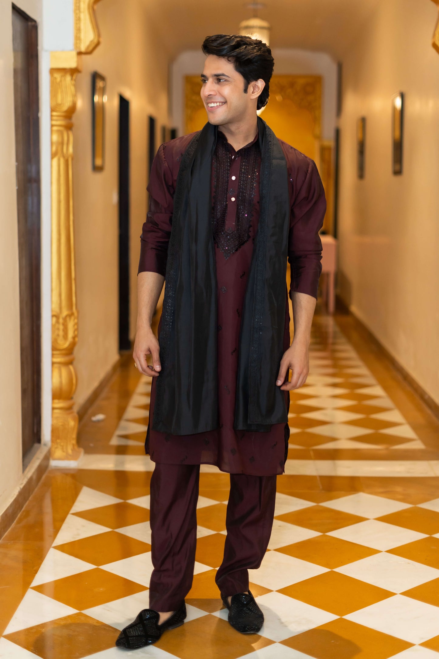 The Wine Long Kurta with Classical Embroidery and Sequins Work And Dupatta and Pajama