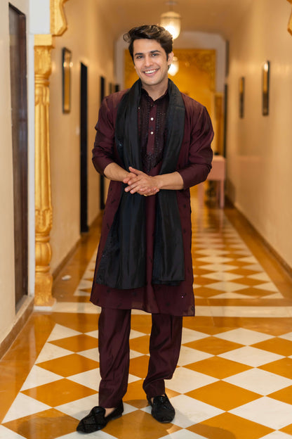 The Wine Long Kurta with Classical Embroidery and Sequins Work And Dupatta and Pajama