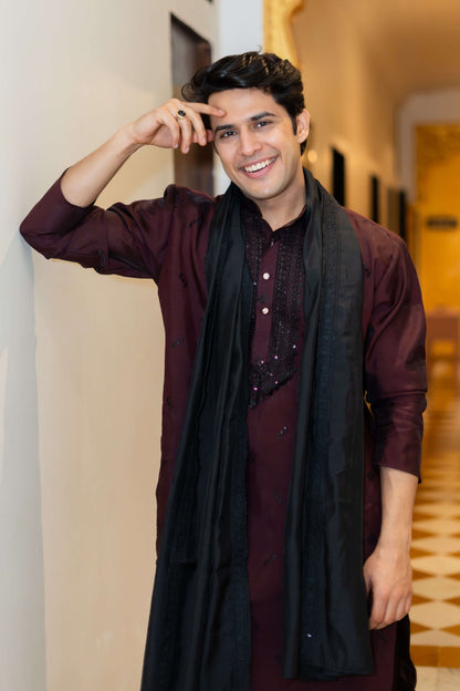 The Wine Long Kurta with Classical Embroidery and Sequins Work And Dupatta and Pajama