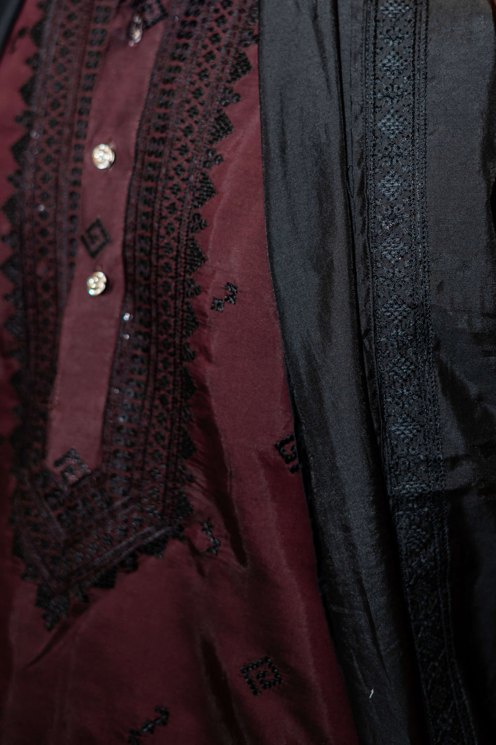 The Wine Long Kurta with Classical Embroidery and Sequins Work And Dupatta and Pajama