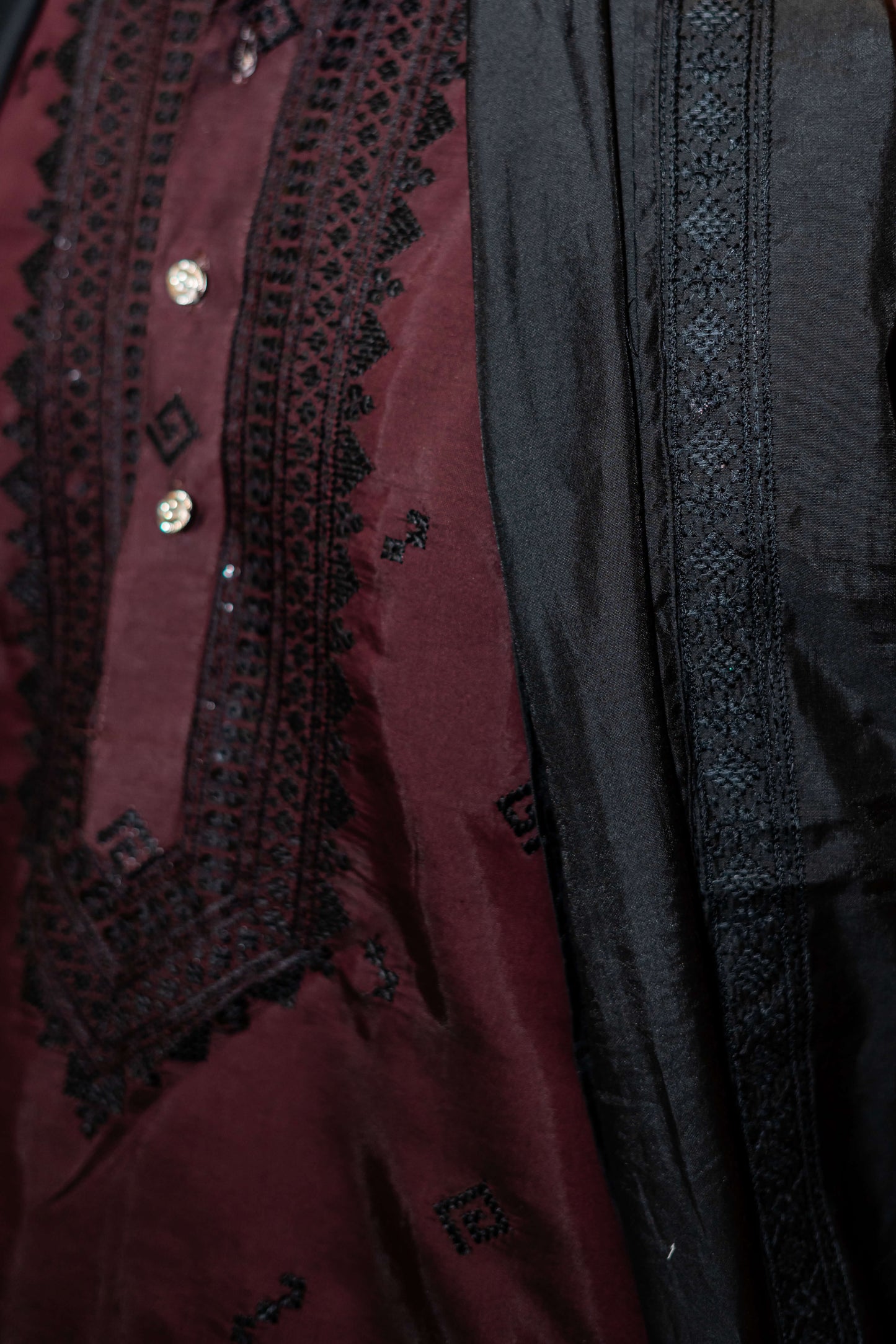 The Wine Long Kurta with Classical Embroidery and Sequins Work And Dupatta and Pajama