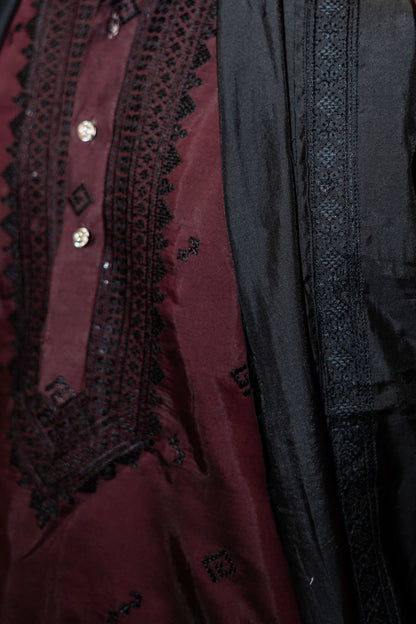 The Wine Long Kurta with Classical Embroidery and Sequins Work And Dupatta and Pajama