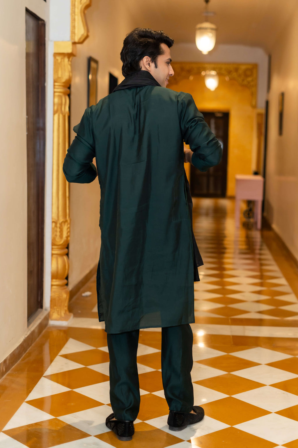 The Green Long Kurta with Classical Embroidery and Sequins Work With Dupatta and Pajama
