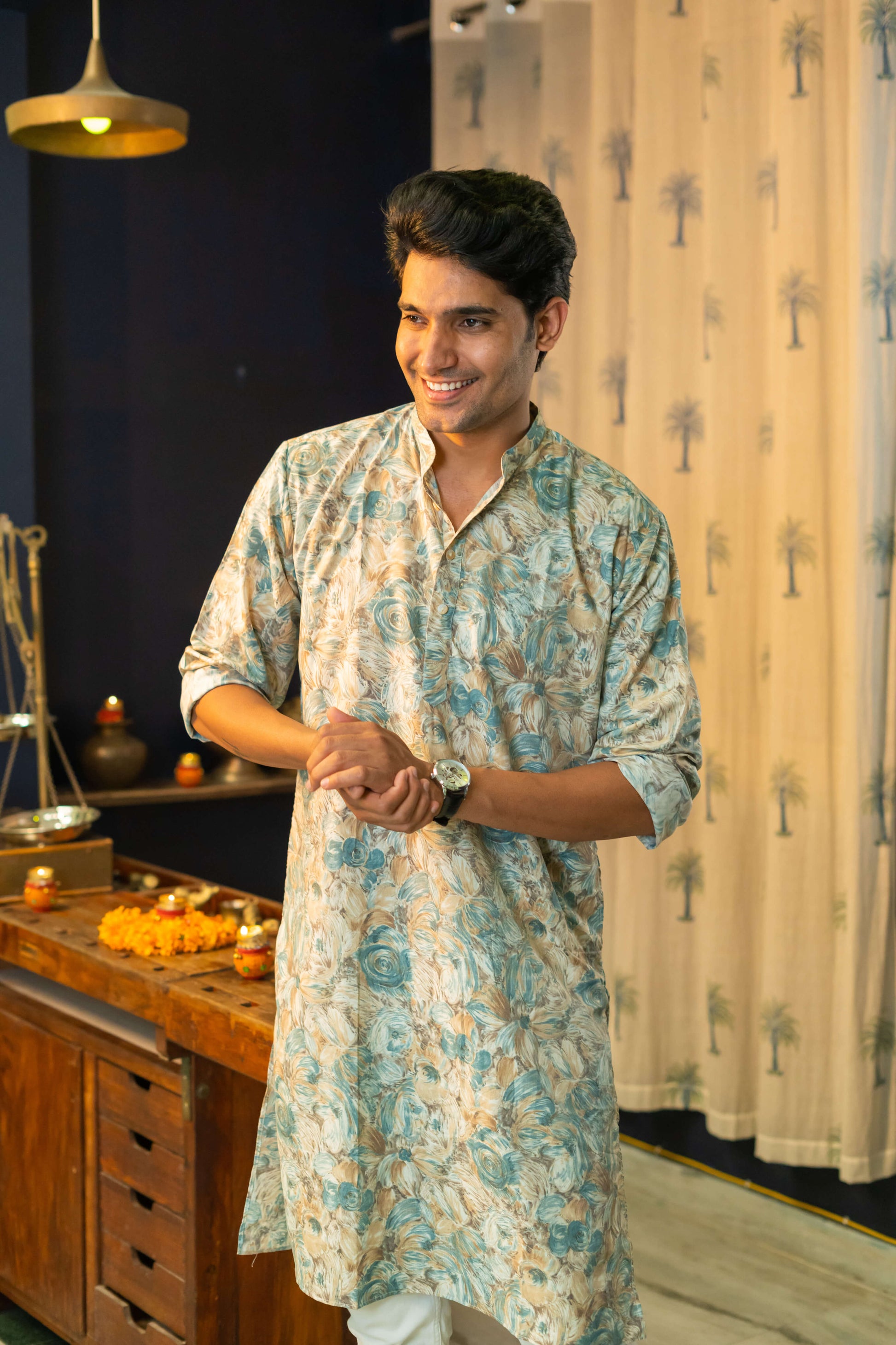 Men Wearing Off-White Floral Print Long Kurta