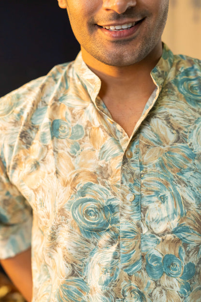 Men Wearing Off-White Floral Print Long Kurta Giving a Close-Up Look with Smile